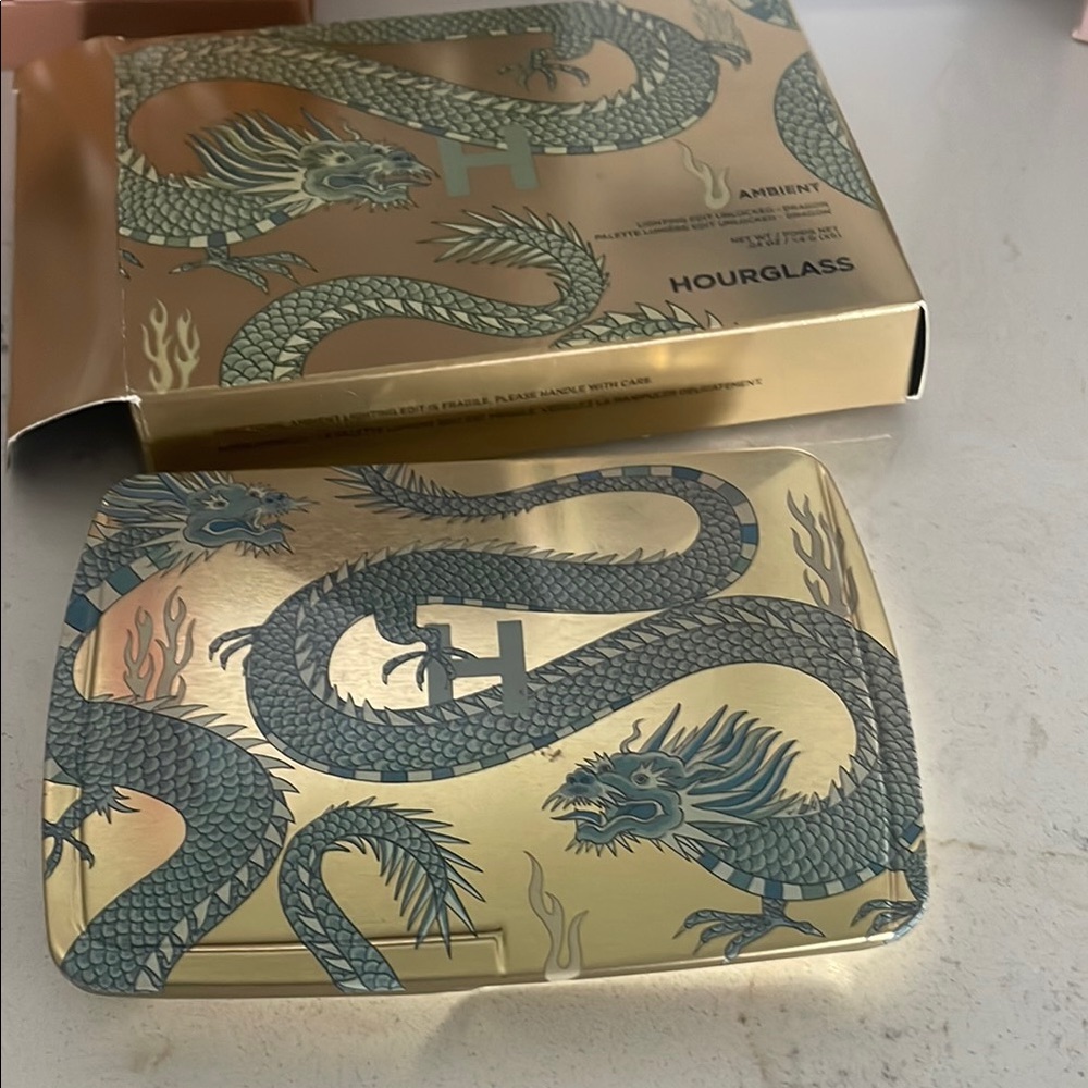 Hourglass Gold Compact with Blue Dragon Design